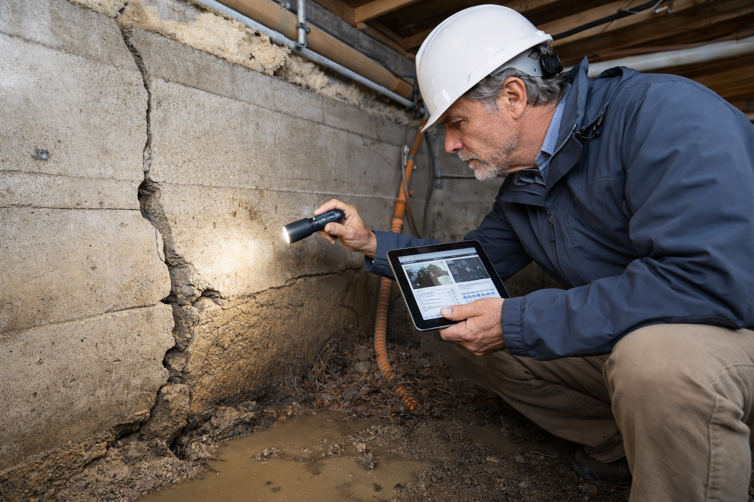 Engineer inspecting foundation